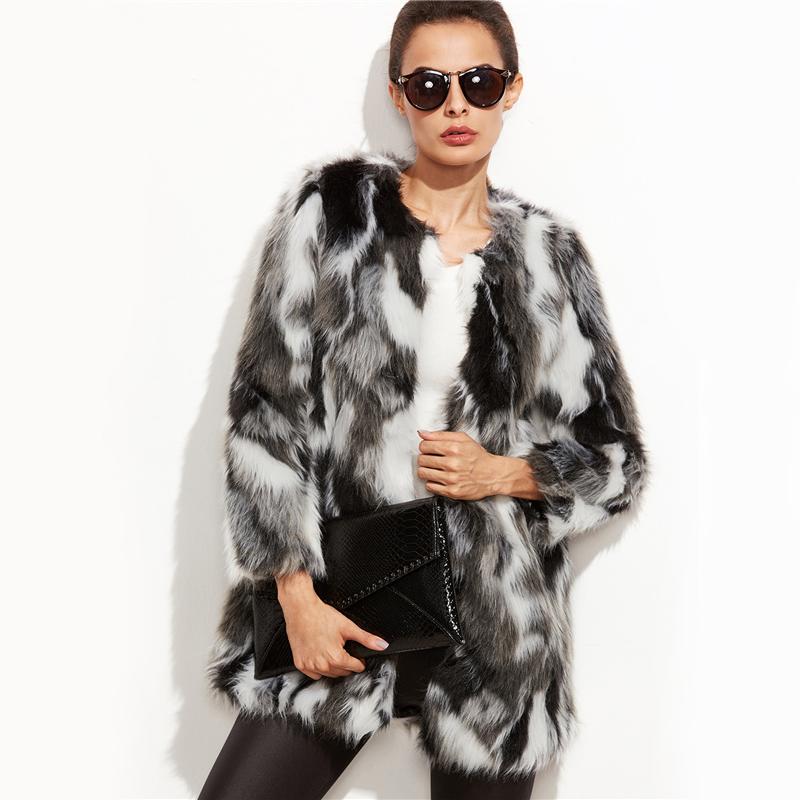 Faux Fur Multi Color Block Open Front Coat