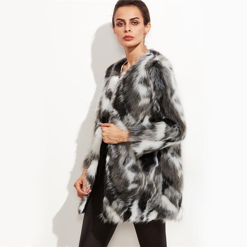Faux Fur Multi Color Block Open Front Coat