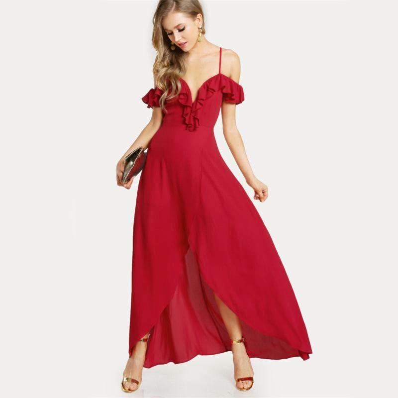 Red Ruffle Cold Shoulder Slip Maxi Dress