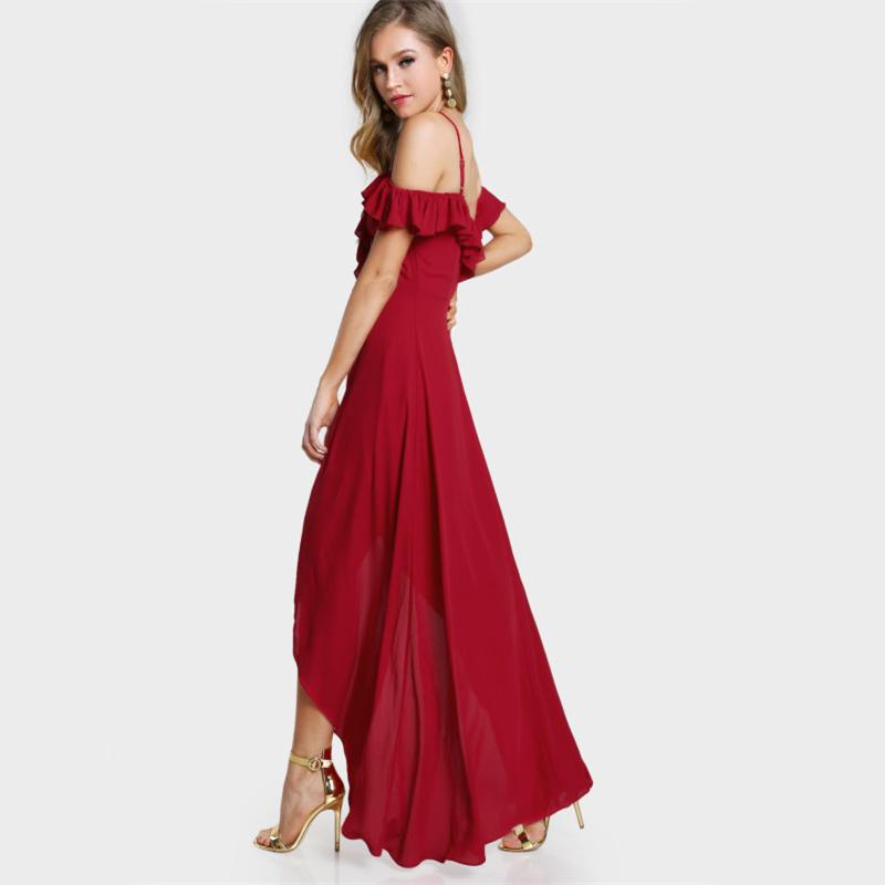 Red Ruffle Cold Shoulder Slip Maxi Dress