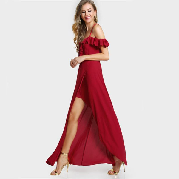 Red Ruffle Cold Shoulder Slip Maxi Dress