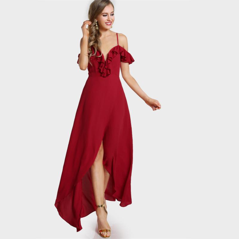 Red Ruffle Cold Shoulder Slip Maxi Dress
