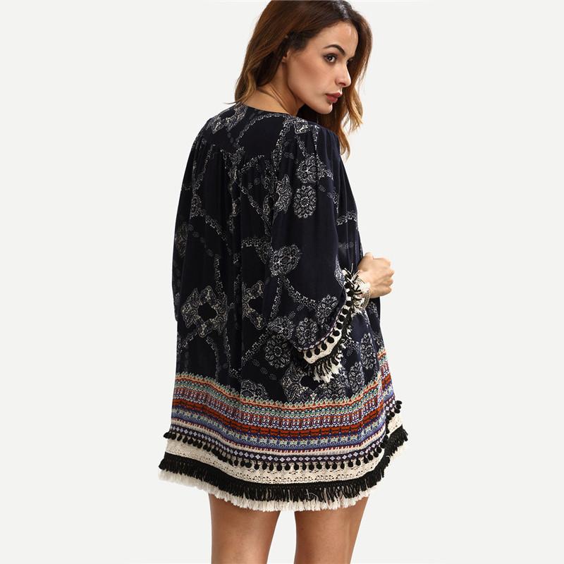 Multicolor Print 3/4 Sleeve Fringe Pom-pom Kimono