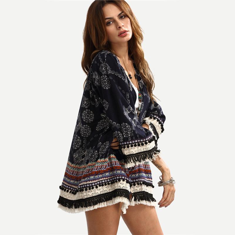 Multicolor Print 3/4 Sleeve Fringe Pom-pom Kimono