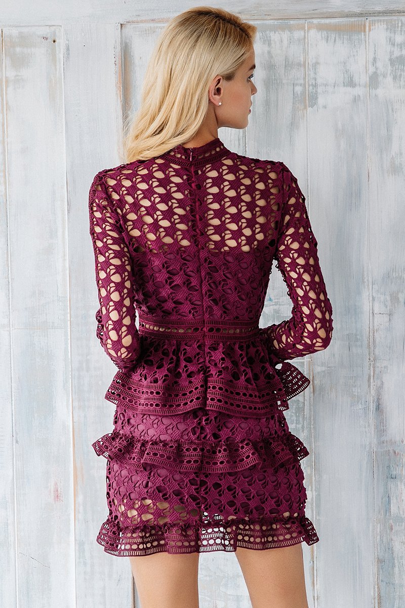 Burgundy Ruffle Lace Long Sleeve A-Line Vintage Mini Dress