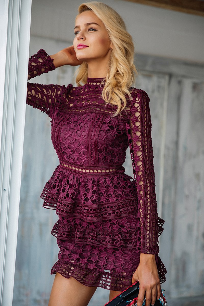 Burgundy Ruffle Lace Long Sleeve A-Line Vintage Mini Dress