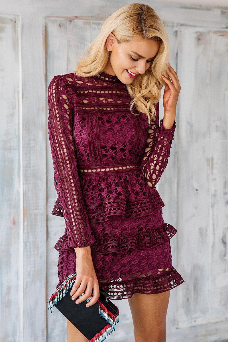 Burgundy Ruffle Lace Long Sleeve A-Line Vintage Mini Dress