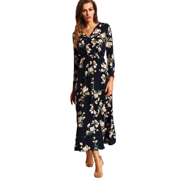 Navy Floral Bohemian Long Sleeve V Neck Maxi Dress