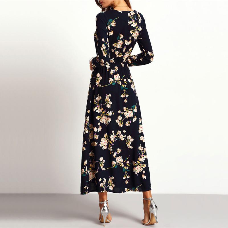 Navy Floral Bohemian Long Sleeve V Neck Maxi Dress