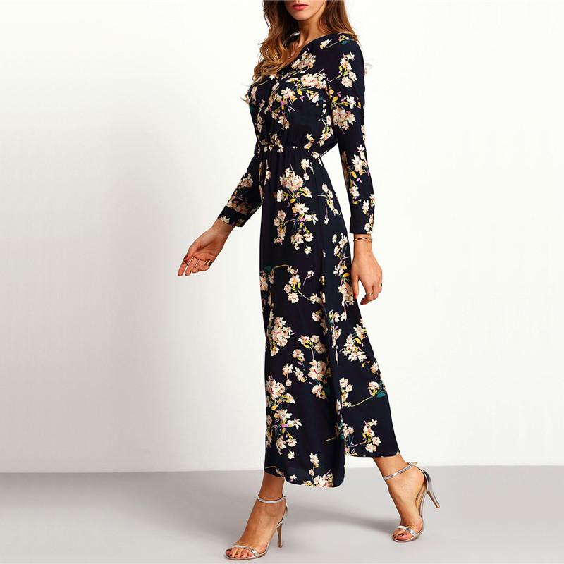 Navy Floral Bohemian Long Sleeve V Neck Maxi Dress