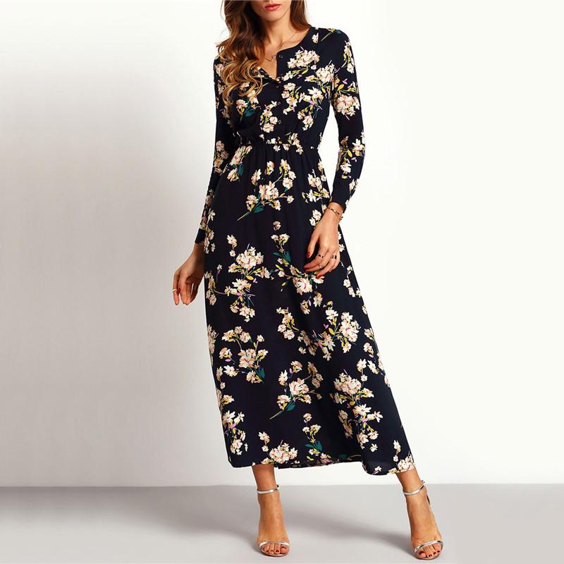 Navy Floral Bohemian Long Sleeve V Neck Maxi Dress