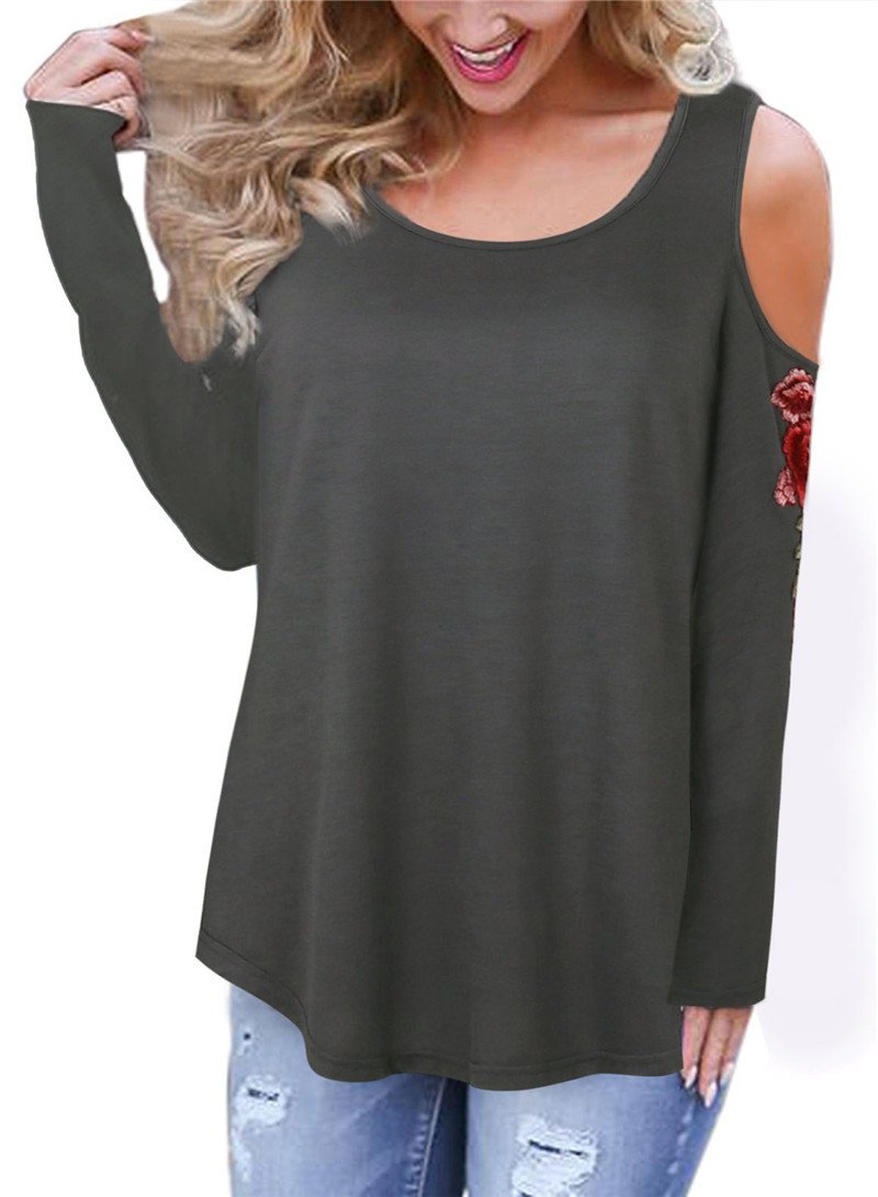 Embroidery Red Flower Floral Cold Shoulder