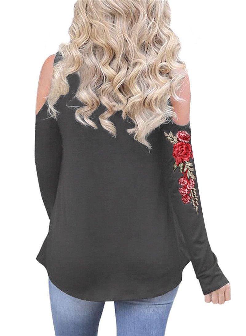 Embroidery Red Flower Floral Cold Shoulder