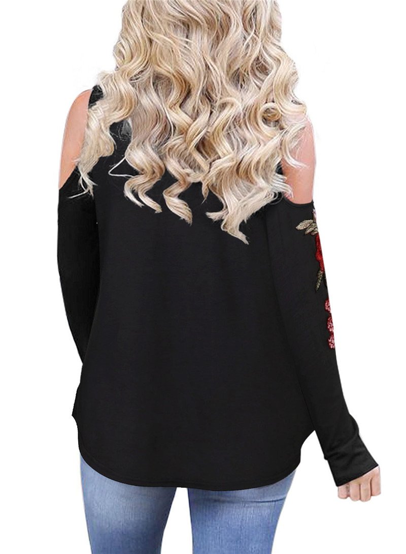 Embroidery Red Flower Floral Cold Shoulder