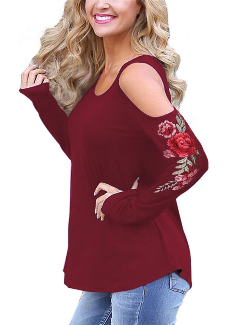 Embroidery Red Flower Floral Cold Shoulder