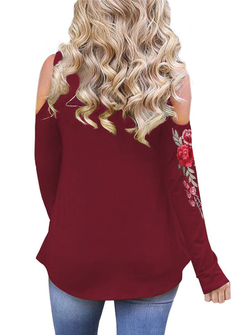 Embroidery Red Flower Floral Cold Shoulder