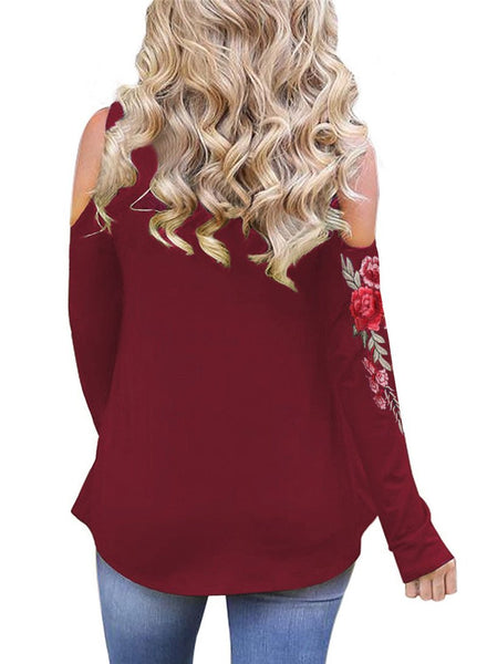 Embroidery Red Flower Floral Cold Shoulder