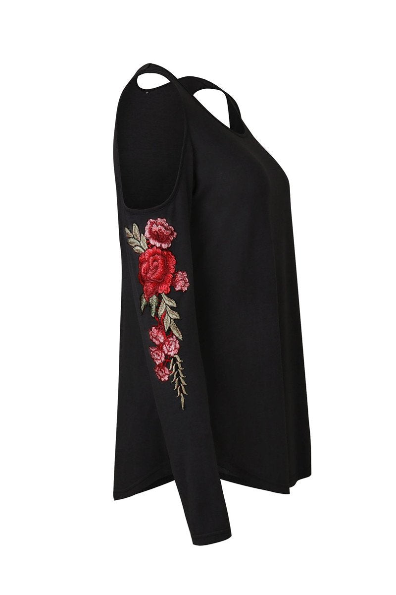 Embroidery Red Flower Floral Cold Shoulder