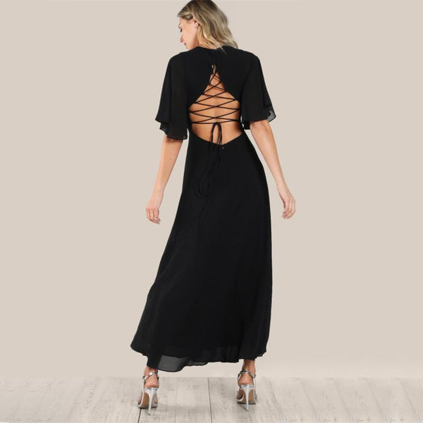 Open Back Lace Up Flutter Sleeve Maxi Dress
