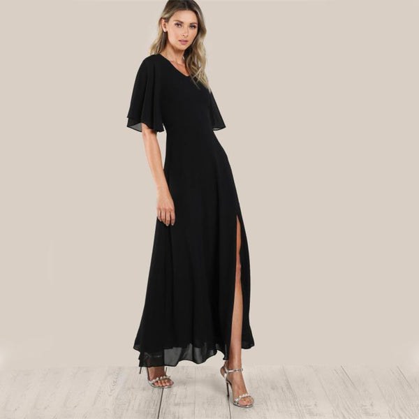 Open Back Lace Up Flutter Sleeve Maxi Dress