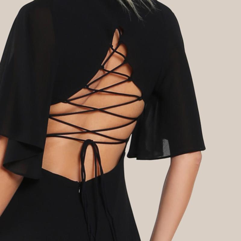 Open Back Lace Up Flutter Sleeve Maxi Dress