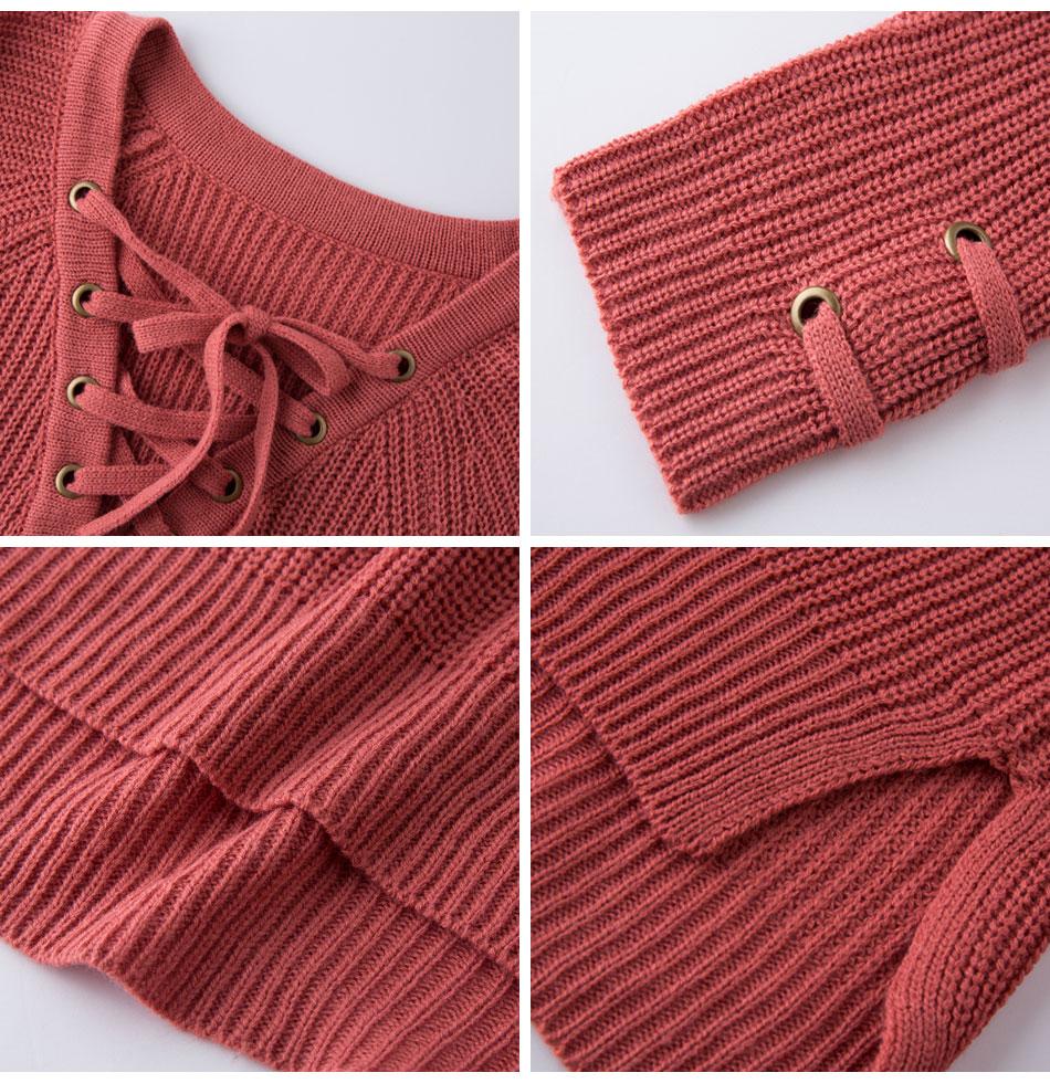 Red Lace Up V-Neck Long Sleeve Knitted Sweater