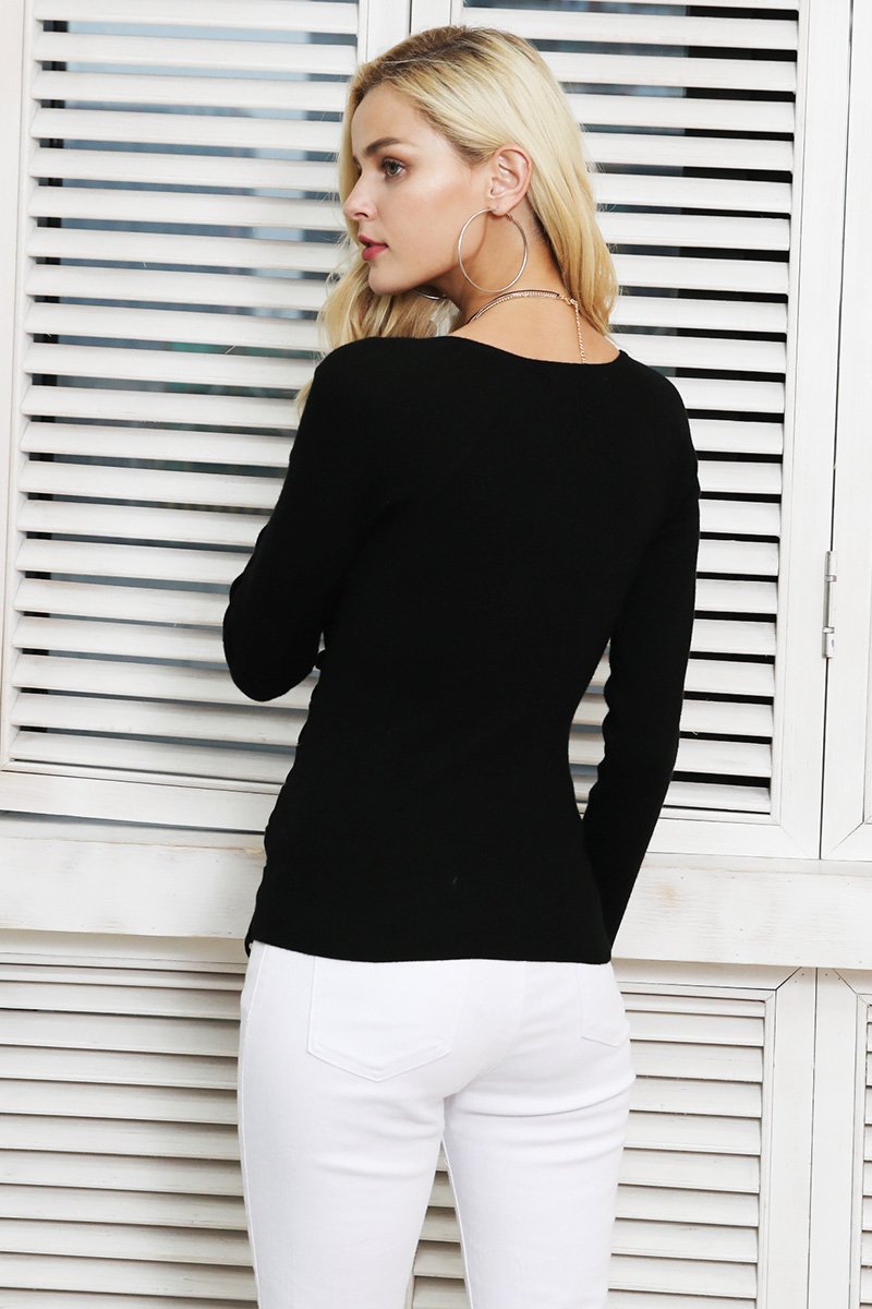Solid Pink Causal Lace Up The Side V Neck Sweater