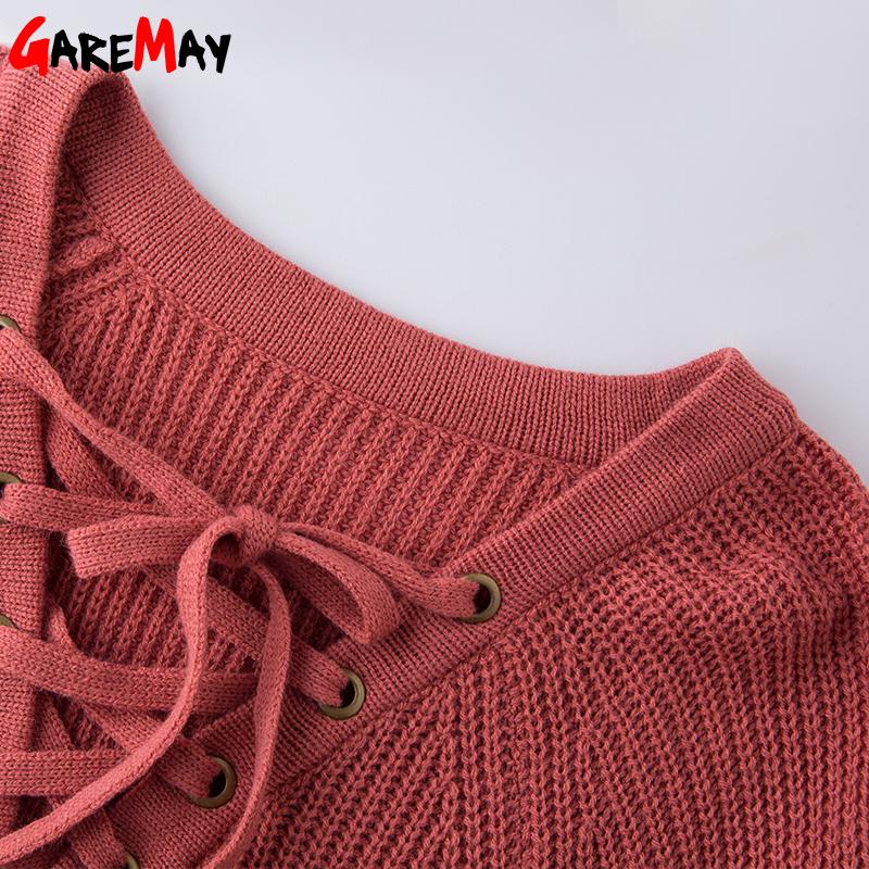 Red Lace Up V-Neck Long Sleeve Knitted Sweater