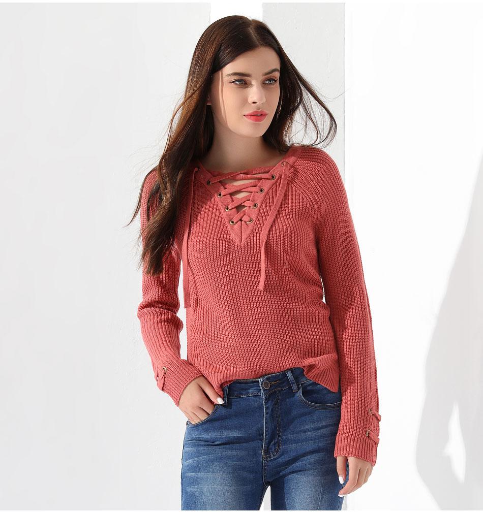 Red Lace Up V-Neck Long Sleeve Knitted Sweater