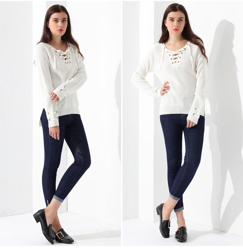 Red Lace Up V-Neck Long Sleeve Knitted Sweater
