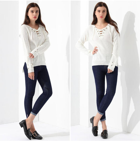 Red Lace Up V-Neck Long Sleeve Knitted Sweater