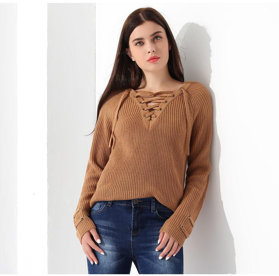 Red Lace Up V-Neck Long Sleeve Knitted Sweater