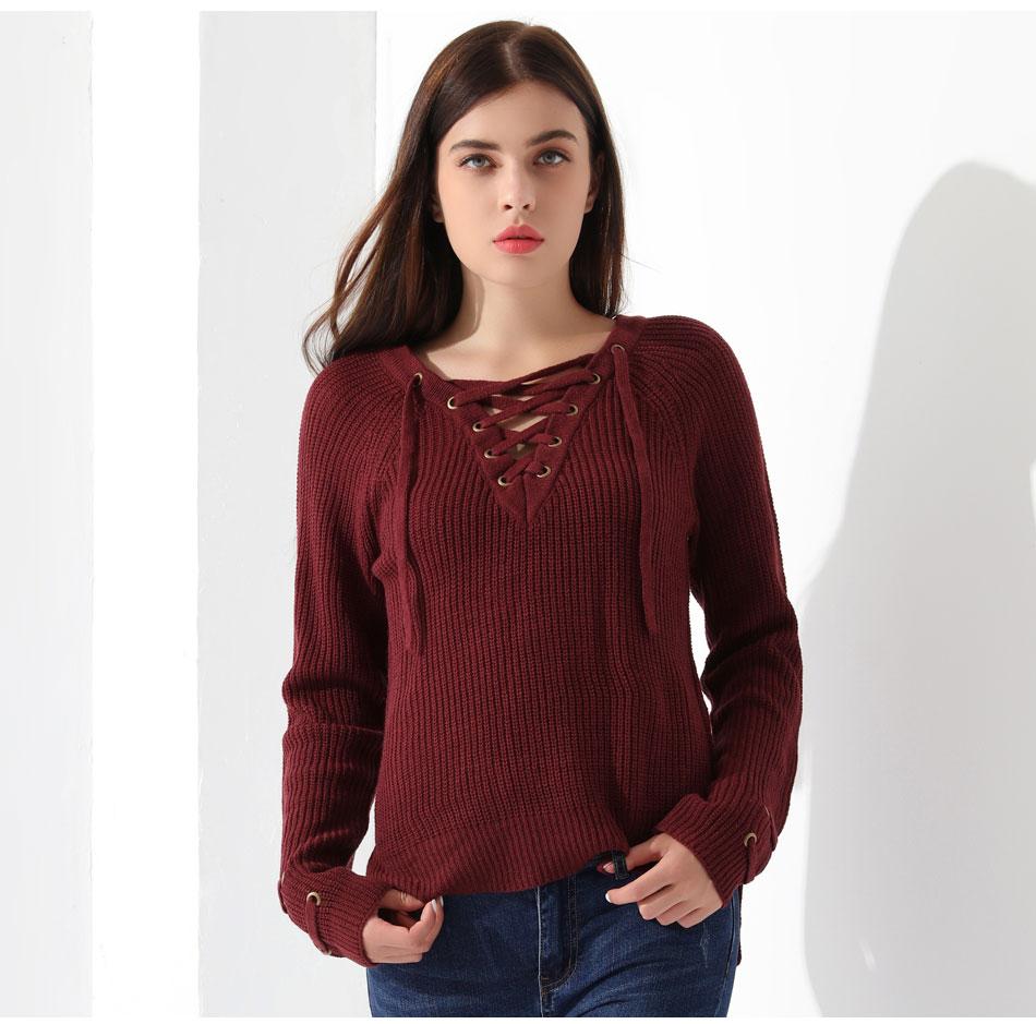 Red Lace Up V-Neck Long Sleeve Knitted Sweater