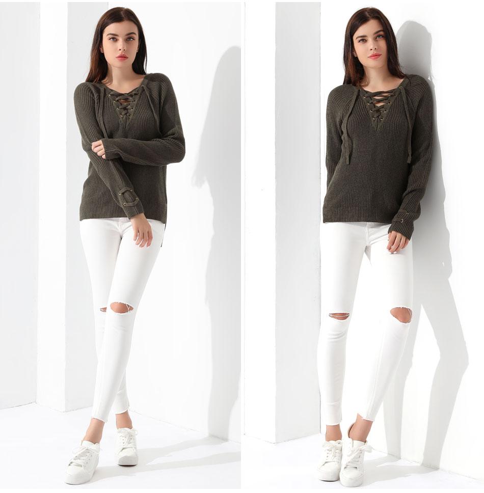 Red Lace Up V-Neck Long Sleeve Knitted Sweater