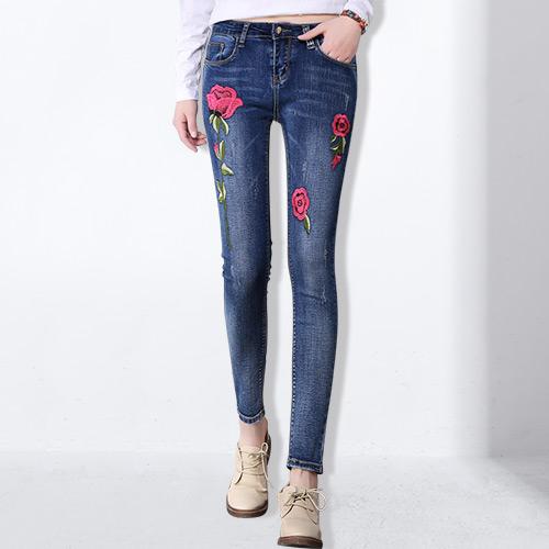 Embroidered Rose Mid Rise Stretch Skinny Jean