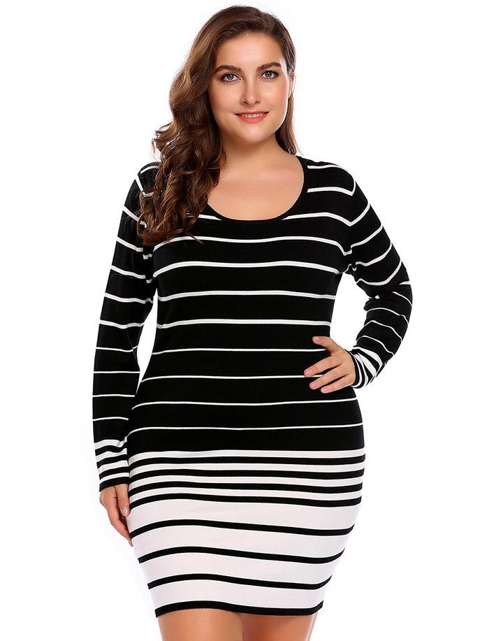 Plus Size Striped Slimming Pencil Dress