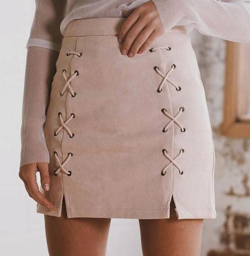 Lace Up Leather Bodycon Short Skirt