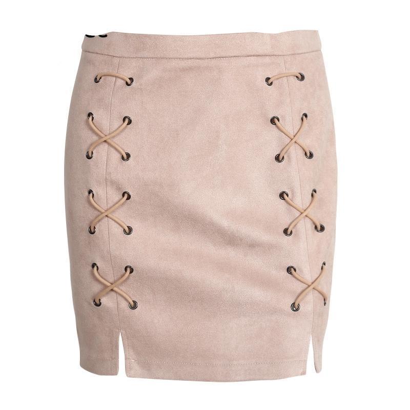 Lace Up Leather Bodycon Short Skirt
