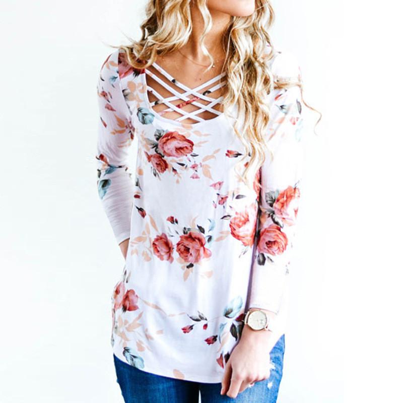Printed Floral Lace up V-Neck Long Sleeve Top