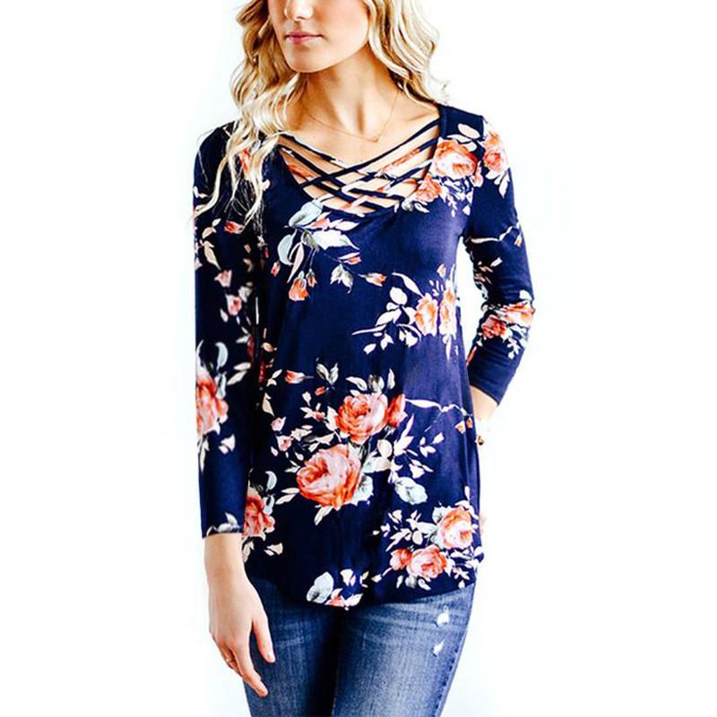 Printed Floral Lace up V-Neck Long Sleeve Top