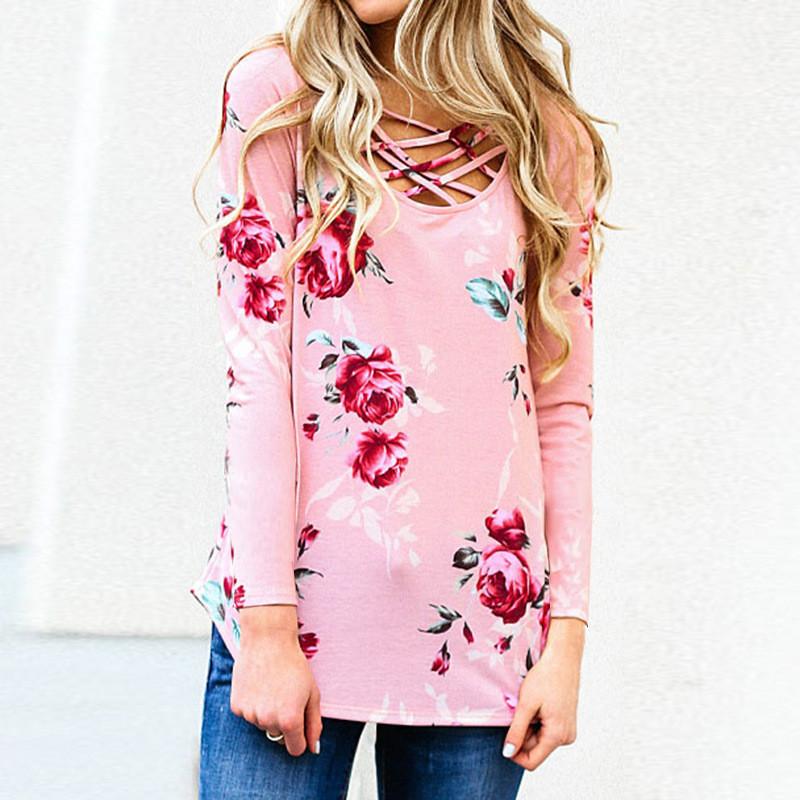 Printed Floral Lace up V-Neck Long Sleeve Top