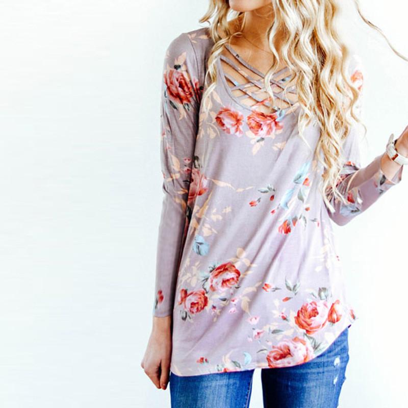 Printed Floral Lace up V-Neck Long Sleeve Top