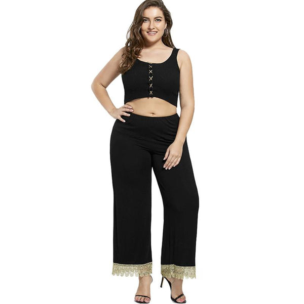 Plus Size Lace Crochet Black Wide Leg Pant