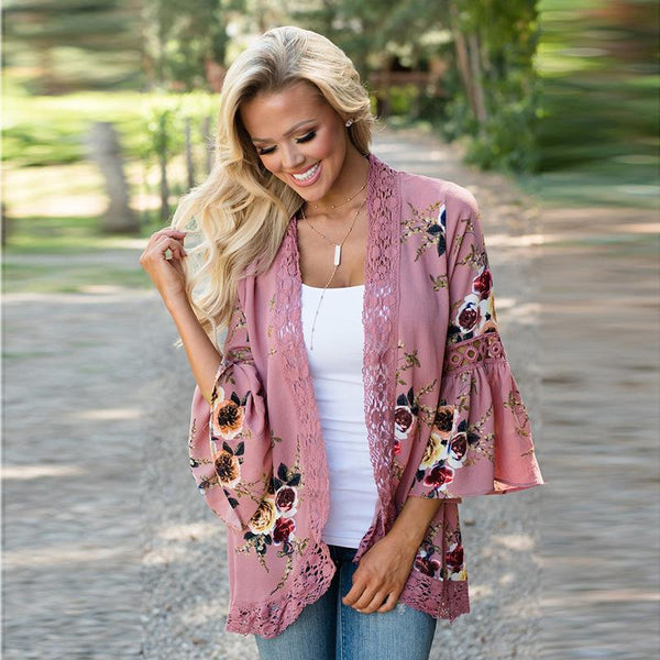Floral Flare Sleeve Loose Cardigan