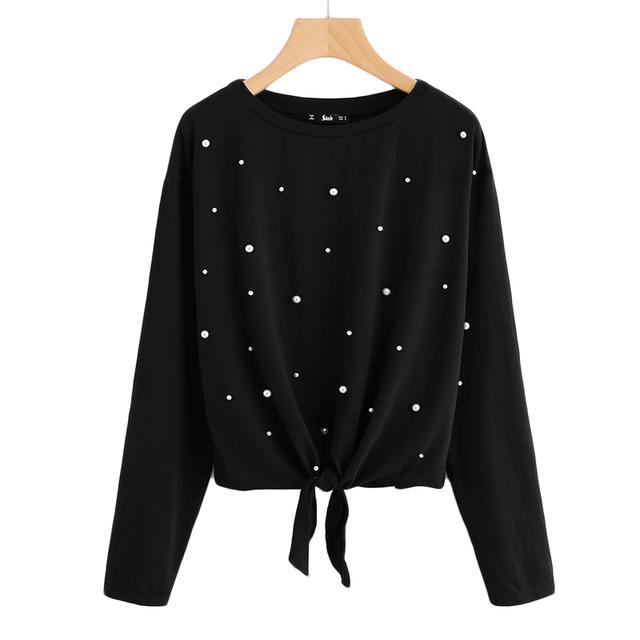 Pearl Beaded Knot Front Cute Sweater