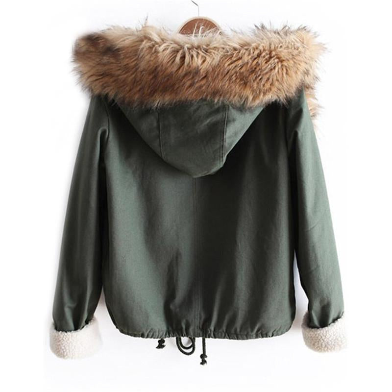 Faux Fur Green Casual Hooded Coat With Drawstring Waist