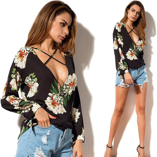 Floral Print Long Sleeve Criss Cross V Neck