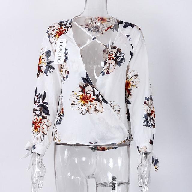 Floral Print Long Sleeve Criss Cross V Neck