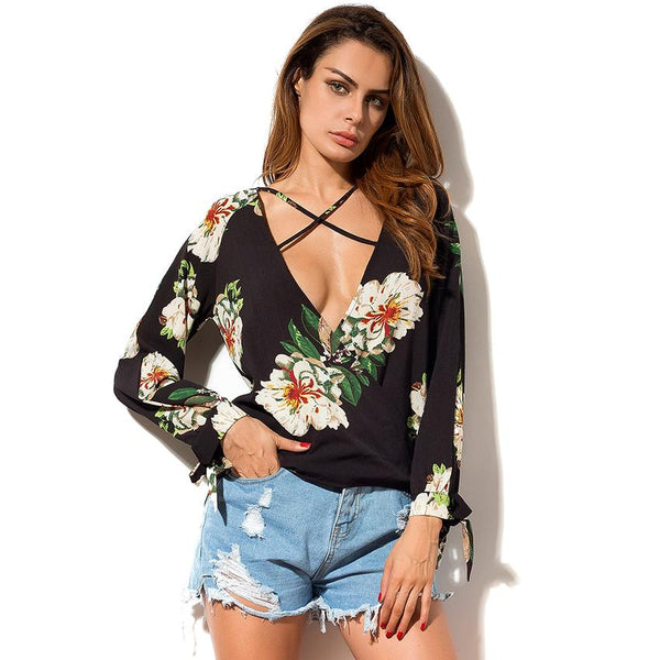 Floral Print Long Sleeve Criss Cross V Neck