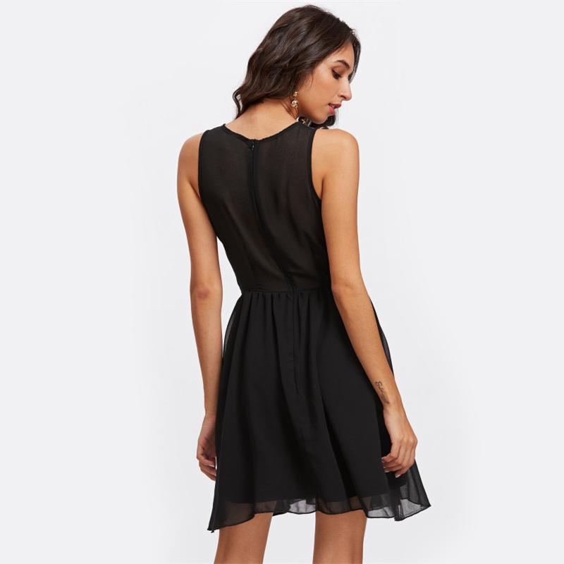 Black Sleeveless Floral Mesh Sexy A Line Mini Dress